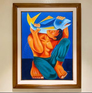 FISHERMAN HARVEST BLUE 29 x 23 inches OIL ON CANVAS Painting with Wood Frame, Ready to Hang