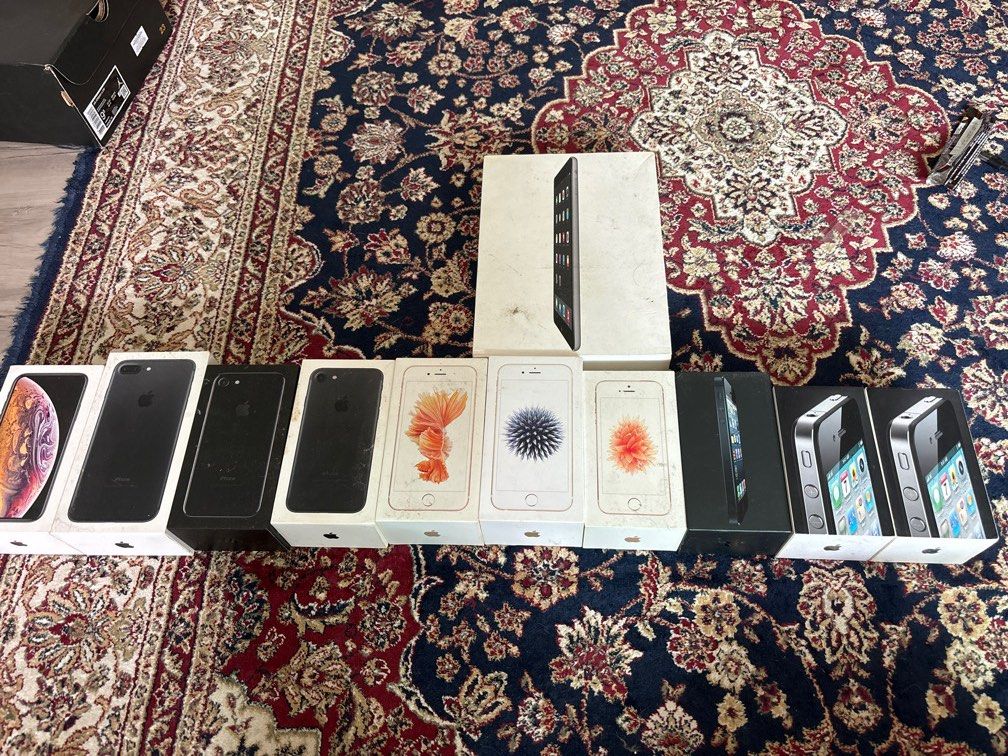 Iphone Boxes (Category: Other Mobile & Gadget Accessories) located in Singapore. Submitted by m.ftrz (Listing ID 1290476765, Image 1). Description: for collectors/ if you want to sell your phone and need a box. $110 for all or $10 per box boxes for: 2x Iphone 4 Black 16GB 1x Iphone 5 Black 16GB 1x Iphone SE Rose Gold 16GB 1x Iphone 6 Gold 32GB 1x Iphone 6S Rose Gold 16GB 1x Iphone 7 Matte Black 128GB 1x Iphone 7 Jet Black 32GB 1x Iphone 7 Plus Ma