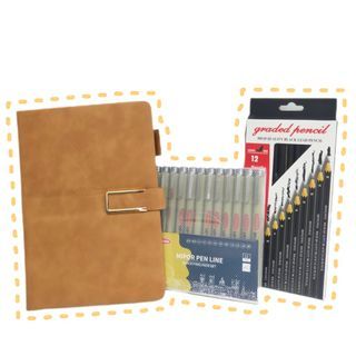 Light Brown Faux Leather Journal with pens and pencil set.