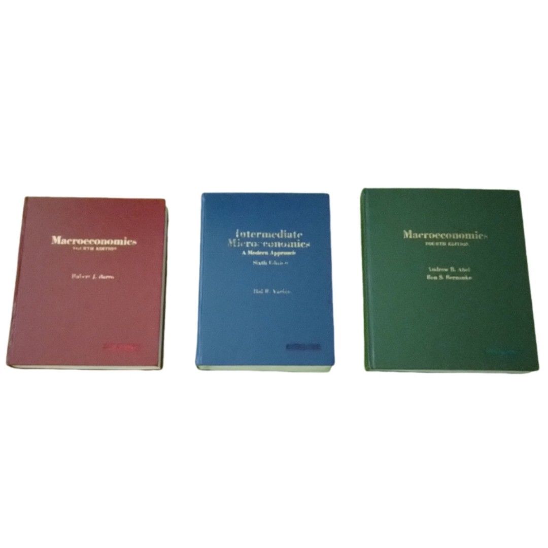 Books : Macroeconomics ● Intermediate Microeconomics (Category: Textbooks) located in Pasig City. Submitted by eclectic_stuff (Listing ID 1290544118, Image 2). Description: UNused, shelf-seated books Hardcover 🎈Now @ 380/each Macroeconomics 4th Edition Robert J Barro ● Red HB Intermediate Microeconomics A Modern Approach 6th Edition - Hal R. Varian ● Blue HB Macroeconomics 4th Edition -Andrew B. Abel, Ben S. Bernanke ● Green HB.