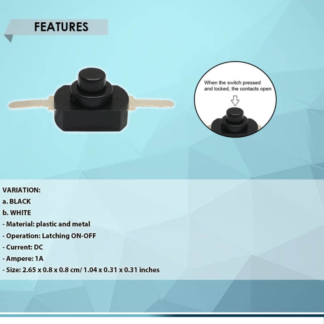 MICRO PUSH BUTTON LATCHING SWITCH (1-PC per ORDER), DC 30V 1A, SELF LOCK ON-OFF, BEST FOR FLASHLIGHT (Category: Electrical, Adaptors & Sockets) located in Quezon City. Submitted by besteinpc (Listing ID 1290340453, Image 2). Description: MICRO PUSH BUTTON LATCHING SWITCH (1-PC per ORDER), DC 30V 1A, SELF LOCK ON-OFF, BEST FOR FLASHLIGHT FEATURES: VARIATION: 👉a. BLACK 👉b. WHITE 👉Material: plastic and metal 👉Operation: Latching ON-OFF 👉Current