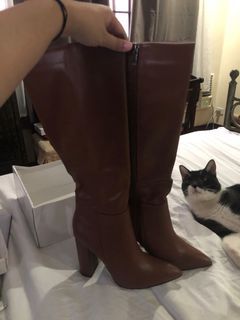 New Brown Leather Boots Zip Up Chunky Heel
