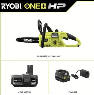 RYOBI P2520 HP 18V Brushless 10 in. Battery Chainsaw with 4.0 Ah Battery and Charger(converted to 220V), Brushless motor for higher chain speed and superior operation, Brand new in box.