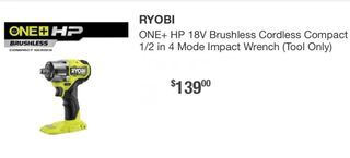 RYOBI PSBIW25B HP 18V Brushless Cordless Compact 1/2 in 4 Mode Impact Wrench (Tool Only - No Battery & Charger), Brand new in box,  what you see is what you get.