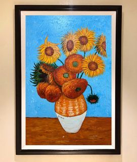 SUNFLOWERS BY VAN GOGH 40x29 inches OIL ON CANVAS Painting with Wood Frame, Ready to Hang
