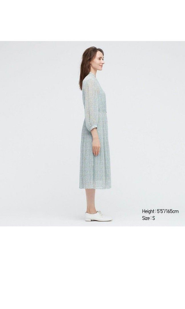 uniqlo joy of print chiffon dress Women's Joy of Print Chiffon Pleated 3/4-Sleeve Dress
