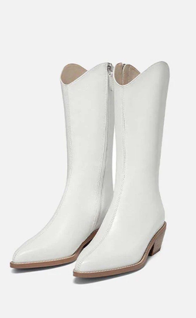 White Cowhide Leather Cowboy Boots Women s Fashion Footwear