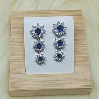 Blue Sapphire 3flower Dangling Earrings. 18K white gold plated on platinum.