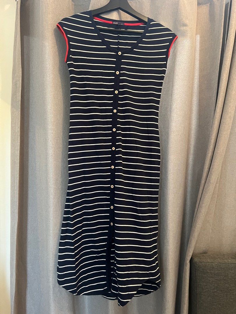 Blue Striped Dress (Category: Dresses) located in Quezon City. Submitted by items_for_decluttering (Listing ID 1292159609, Image 1). Description: Blue Striped Dress (below knee length - reference height: 5’2 ft) * Cotton * Stretchable.