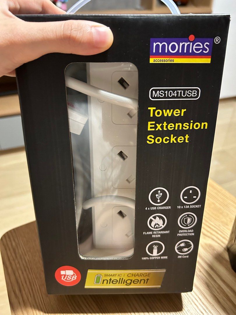 Extension socket plug (Category: Other Home Appliances) located in Singapore. Submitted by wanchai (Listing ID 1292204927, Image 2). Description: Brand new and impulse buy, have an existing extension socket already. Tower design so save space on dining table/chair for steamboats, comes with 4 USB Ports for phones and devices charging. Very unique design and functional..