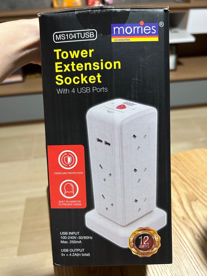 Extension socket plug (Category: Other Home Appliances) located in Singapore. Submitted by wanchai (Listing ID 1292204927, Image 1). Description: Brand new and impulse buy, have an existing extension socket already. Tower design so save space on dining table/chair for steamboats, comes with 4 USB Ports for phones and devices charging. Very unique design and functional..