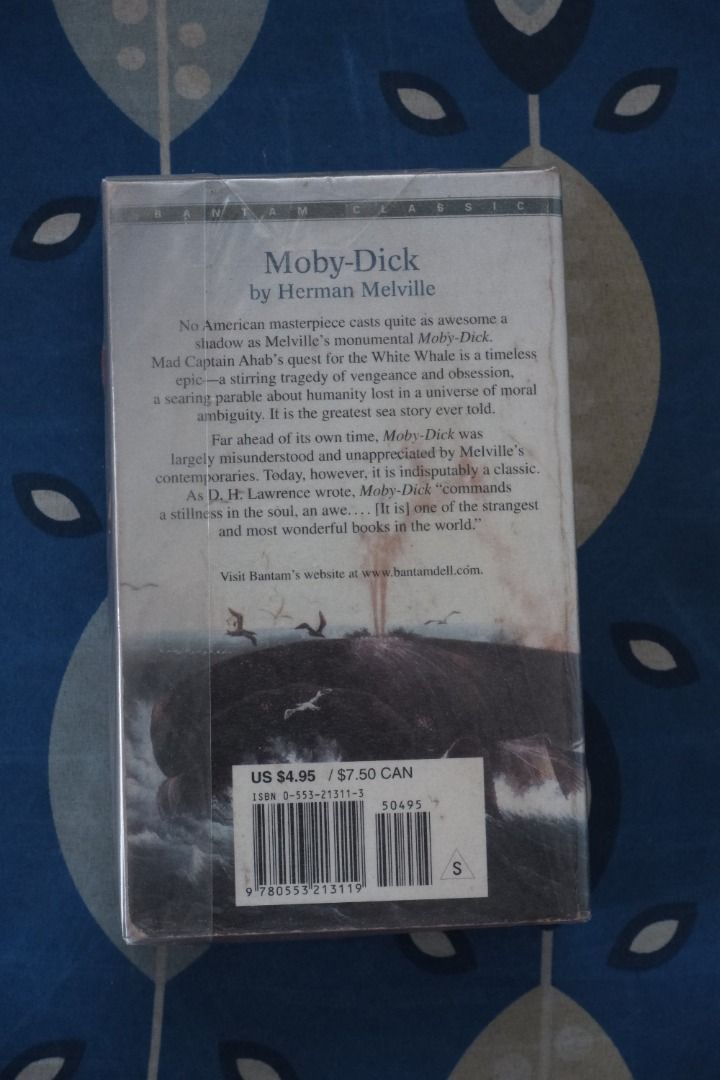 Moby Dick Paperback (Category: Storybooks) located in Cebu City. Submitted by cautiousdrag (Listing ID 1292177919, Image 3). Description: Moby-Dick (1851) is the sixth book by American writer Herman Melville. The work is an epic sea-story of Captain Ahab's voyage in pursuit of Moby Dick, a great white whale. It initially received mixed reviews and at Melville's death in 1891 was remembered, if at all, as a children's sea adventure, but now is con