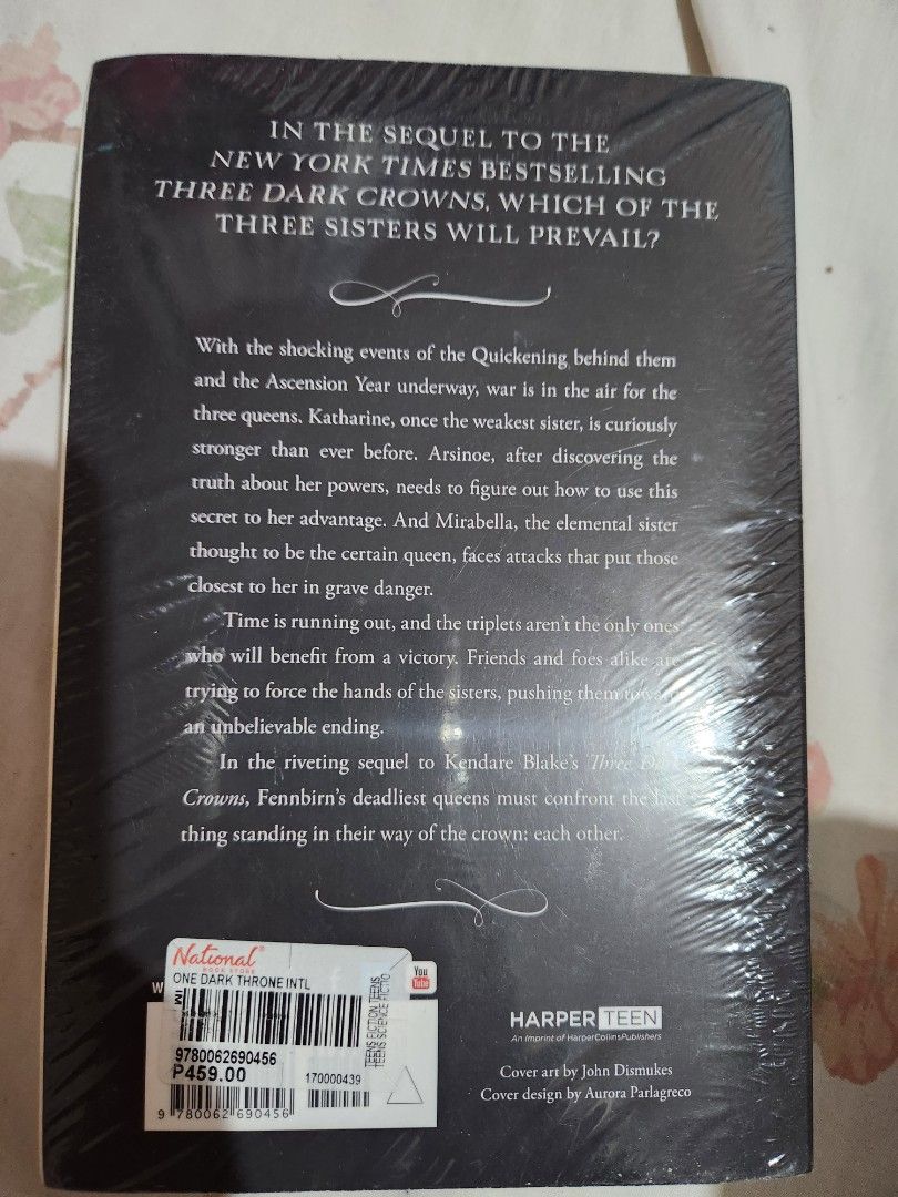 One Dark Throne (Sequel to Three Dark Crowns) by Kendare Blake (Category: Storybooks) located in Mandaluyong City. Submitted by pshvsr (Listing ID 1292191011, Image 2). Description: Never been read, sealed. can ask for more pictures! (sure buyers only!) MOP: bdo, gcash, maya MOD: lalamove, jnt, sco.