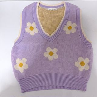 [Pull&bear]紫色 針織 冷背心 v領 碎花 上衣 學院風 Purple floral v-neck top knitted sleeveless vest62975780748801110