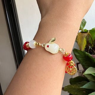 Red Agate with Rabbit Charm Bracelet