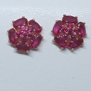 Ruby Flower Earrings. 18K Rosegold plated on platinum metal. UV reactive.