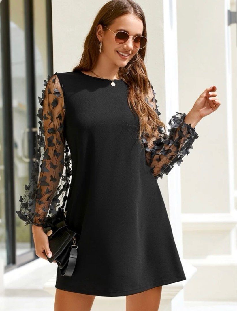 Shein Black Butterfly Long Mesh Sleeved Dress, Women's Fashion, Dresses &  Sets, Dresses on Carousell
