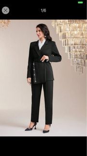 SHEIN Modely Lapel Neck Rhinestone Beaded Self Buckle Belted Blazer and Pants