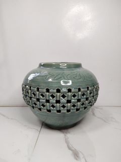 Vintage Korean Celadon Double Walled Reticulated Green Crackled Vase