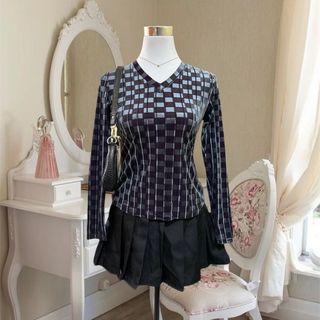 Vintage suede velvet checkered long sleeve top | glitter shimmer corpo office bayonetta coquette dainty pinterest y2k milkamaid floral bow (helping tags)