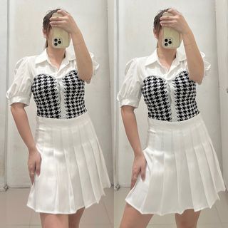 White korean top and pleated skirt set