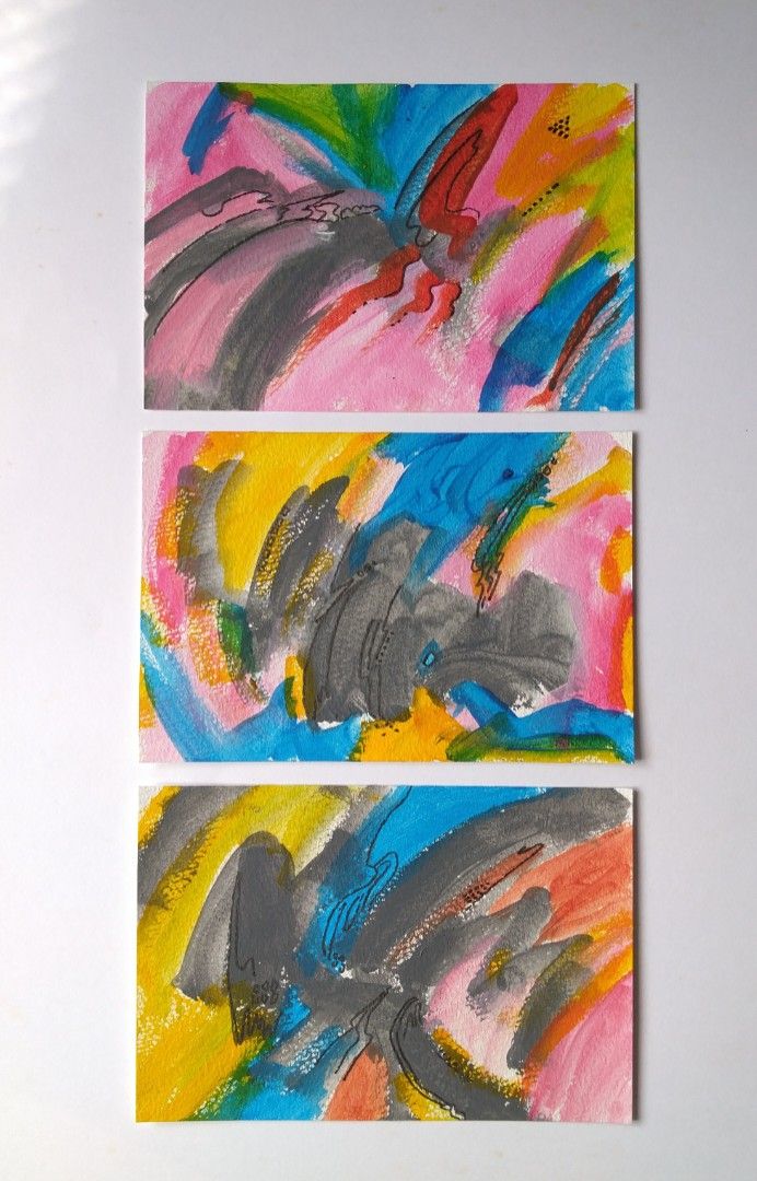 3 piece artwork triptych colorful abstract hues small paintings frame