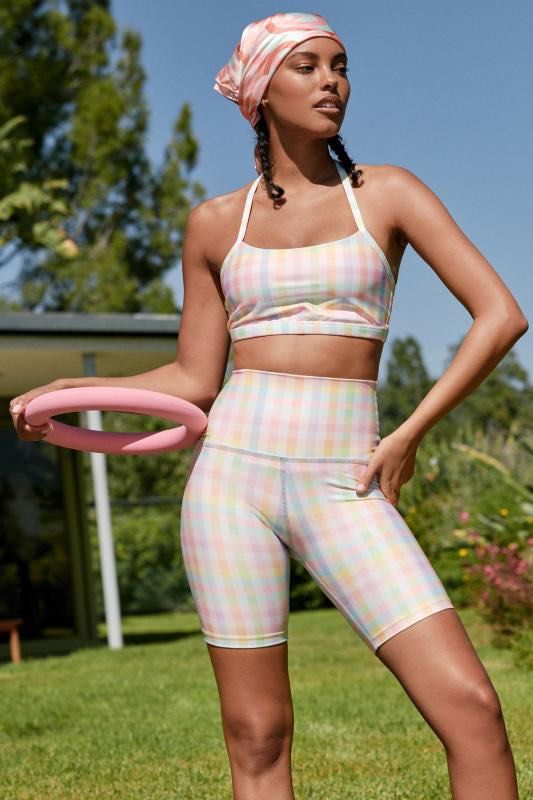 Beyond yoga high waisted biker shorts M in pastel gingham Women s Fashion Activewear on Carousell
