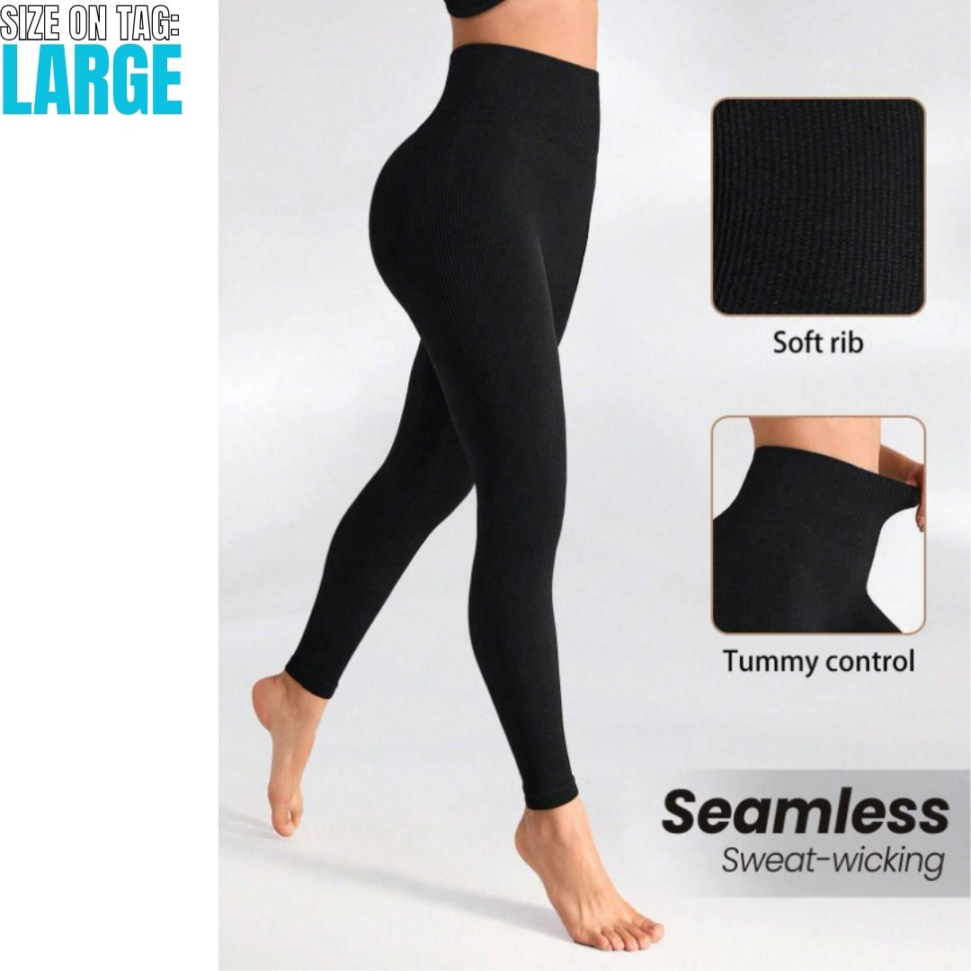 Large Black Ribbed Knit Yoga Basic Seamless High Waisted Sports Leggings  SHEIN SG RARE BOX, Brand New!, Women's Clothing
