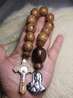 Made in Jerusalem agarwood beads with St Benedict and mama Mary medallion pocket rosary