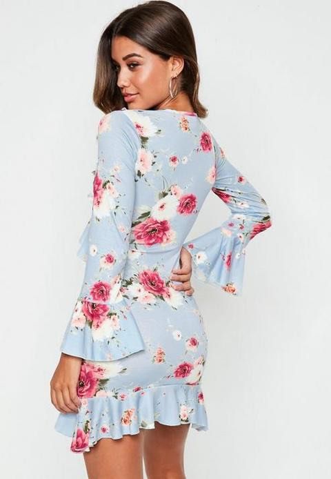 Missguided blue floral ruffle tea cheap dress