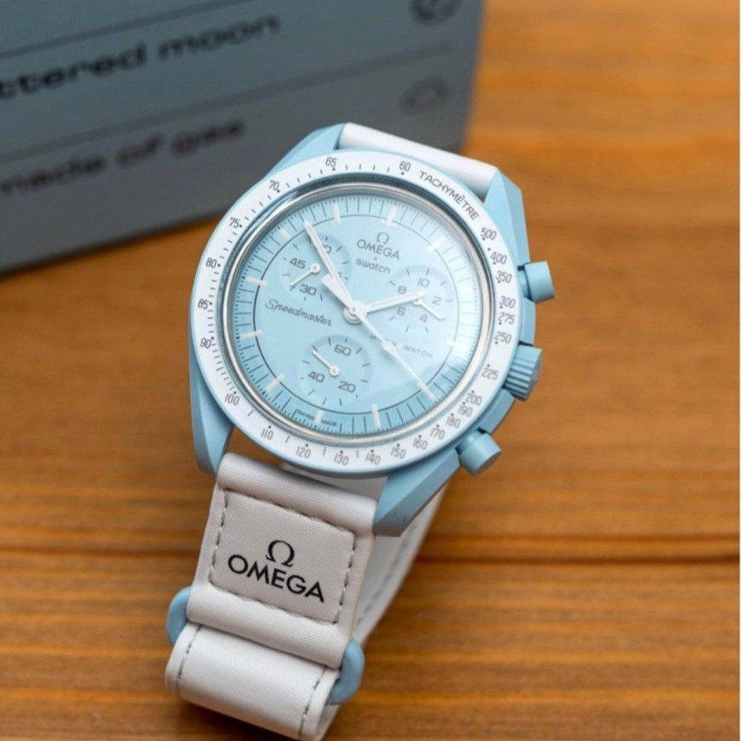 新品 未使用 SWATCH OMEGA コラボ 水色 ライトブルー ホワイト スウォッチ オメガ MISSION TO URANUS スウォッチ オメガ  スピードマスター - ブランド腕時計