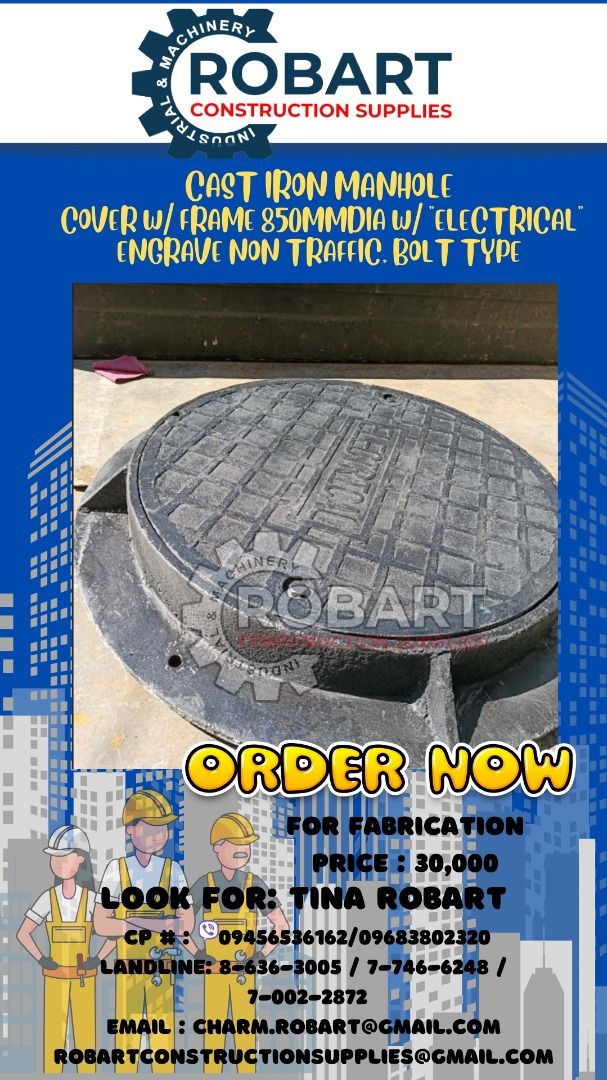 Round Manhole Non Traffic Type 850mm (Category: Construction & Building Materials) located in Manila. Submitted by tina.sales (Listing ID 1292279069, Image 1). Description: Cast Iron Manhole Cover w/ Frame 850mmdia w/ "ELECTRICAL" engrave Non-traffic, Bolt Type ₱30,000 SEND US MESSAGE FOR INQUIRIES ‼️‼️ ~~TINA ROBART~~ 0 9 4 5 6 5 3 6 1 6 2 0 9 6 8 3 8 0 2 3 2 0 LANDLINE: 8 6 3 6 3 0 0 5 / 7 7 4 6 6 2 4 8 / 7 0 0 2 2 8 7 2 EMAIL : c h a r m.r o b