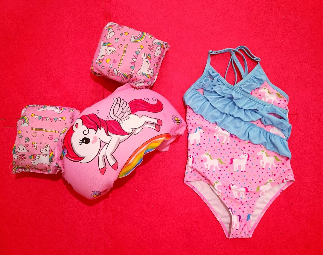 Swimsuit & Floaters (Category: Babies & Kids Fashion) located in Quezon City. Submitted by margsstuff (Listing ID 1292440658, Image 1). Description: unicorn Swimsuit 4-7yo adjustable strap Unicorn floater 2-7yo adjustable strap minimal signs of usage takeall 500 lalamove or pick up location: Project 4 qc.