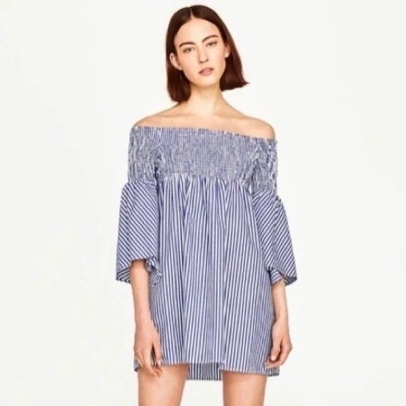 zara blue striped off shoulder dress Outfit: Zara off-shoulder dress, Zinda platform sandals