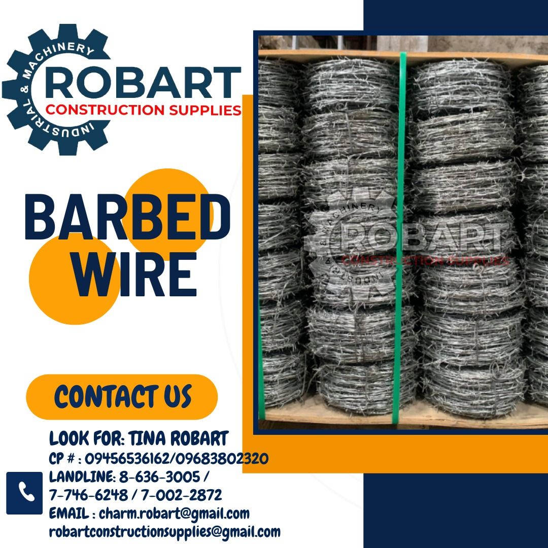Barbed Wire (Category: Construction & Building Materials) located in Manila. Submitted by tina.sales (Listing ID 1292501738, Image 1). Description: Barbed Wire ₱1,735 SEND US MESSAGE FOR INQUIRIES ‼️‼️ ~~TINA ROBART~~ 0 9 4 5 6 5 3 6 1 6 2 0 9 6 8 3 8 0 2 3 2 0 LANDLINE: 8 6 3 6 3 0 0 5 / 7 7 4 6 6 2 4 8 / 7 0 0 2 2 8 7 2 EMAIL : c h a r m.r o b ar t @ g m a i l.c o m r o b a r t c o n s t r u c t i o n s u p p l i e s @ g m a i l. c o m Office A