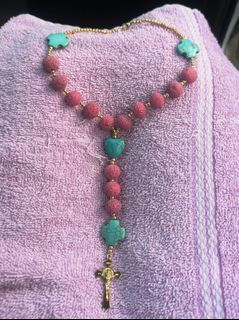 Blessed beautiful coral beads with turquoise hearts St. Benedict car rosary powerful protection