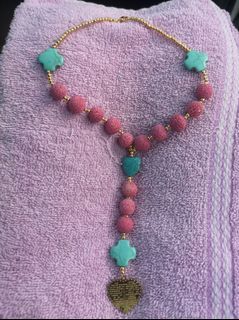 Blessed beautiful coral beads and turquoise hearts and cross  with heart engraved Our father prayer car powerful protection