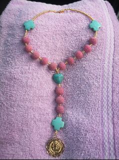 Blessed Beautiful coral pink beads with turquoise St. Benedict protection car rosary