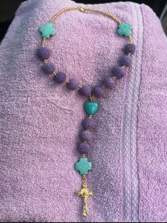 Blessed beautiful purple coral beads and turquoise hearts and cross with St. Benedict protection car rosary