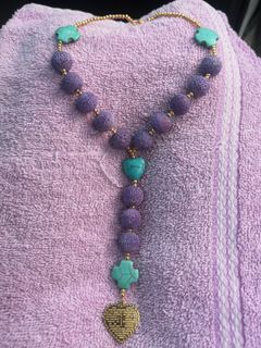 Blessed beautiful purple coral beads and turquoise hearts and cross with heart engraved Our father prayer powerful protection car rosary