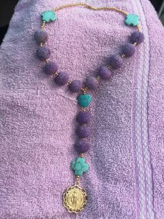 Blessed beautiful purple coral beads and turquoise hearts and cross with St Benedict protection car rosary