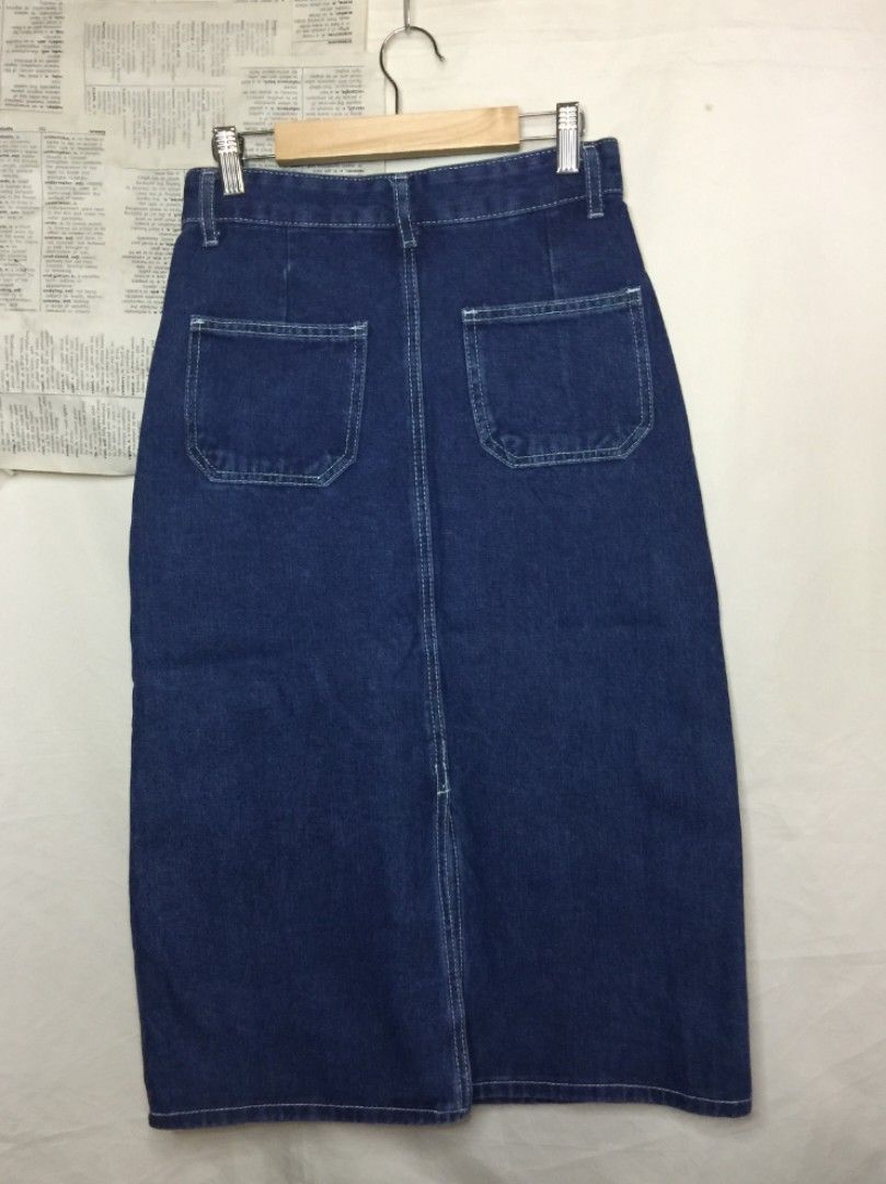 DARK BLUE DENIM LONG SKIRT (Category: Skirts) located in Quezon City. Submitted by lovedbyzi_ (Listing ID 1292517354, Image 2). Description: size 24 to 25 – like new – dark blue denim color.