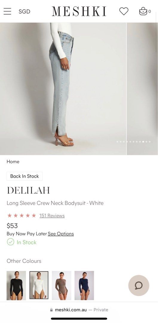 Delilah Long Sleeve Crew Neck Bodysuit - White