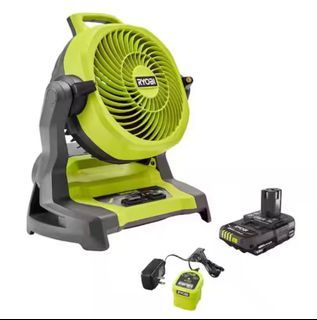 RYOBI PCL851K 18V Cordless 7-1/2 in. Bucket Top Misting Fan Kit with 1.5 Ah Battery and Charger(converted to 220V), WHISPER SERIES: 44% Quieter And Part Of Our Quietest Range Of Products, 840 FPM (feet per minute) of air velocity, Brand new in box.