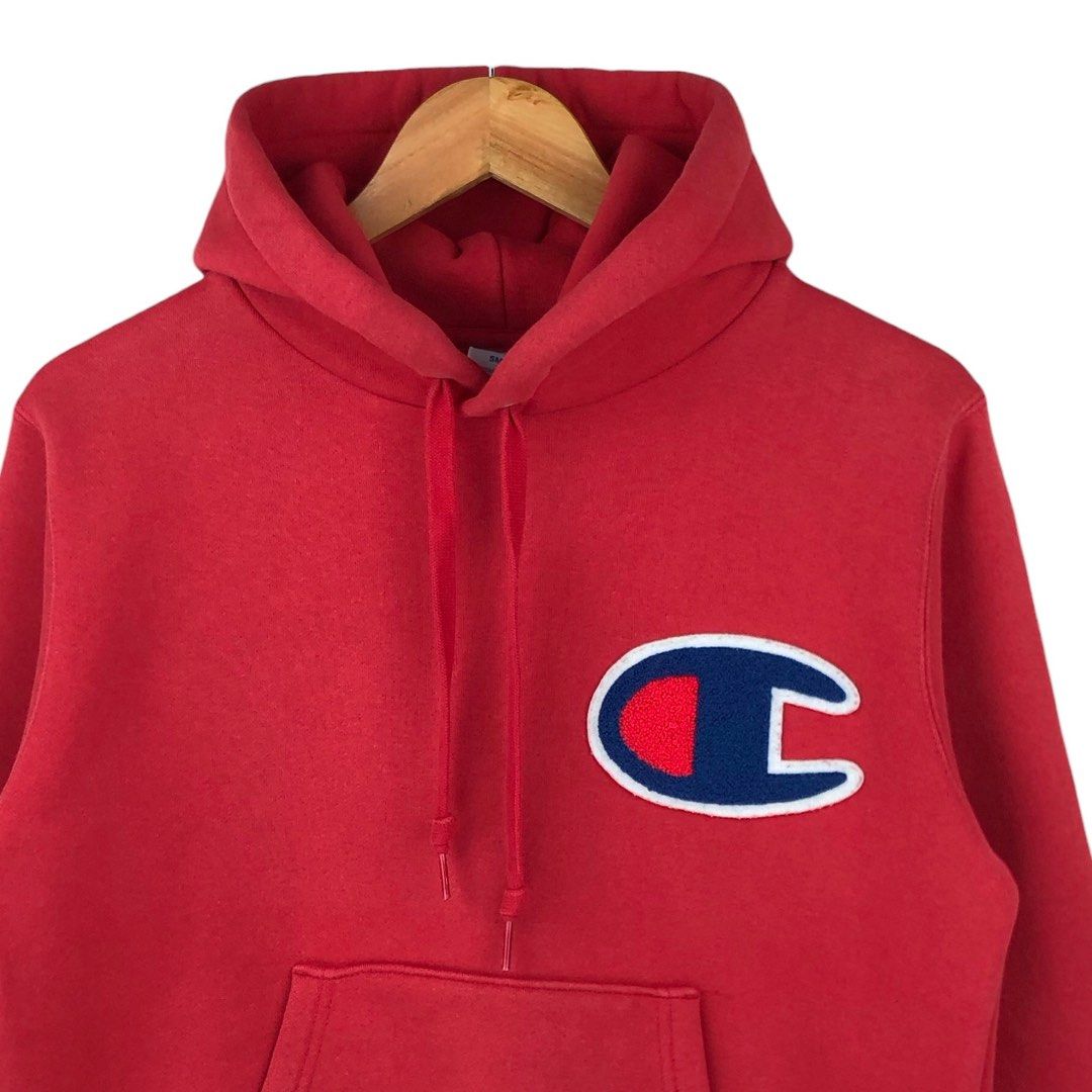 Red champion hoodie big logo clearance
