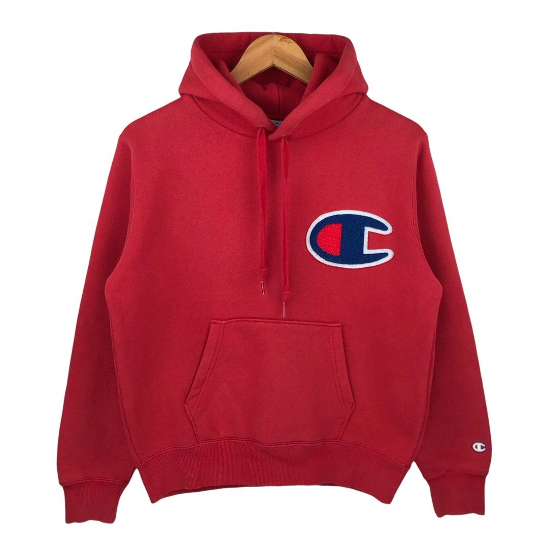Red champion hoodie big logo hot sale
