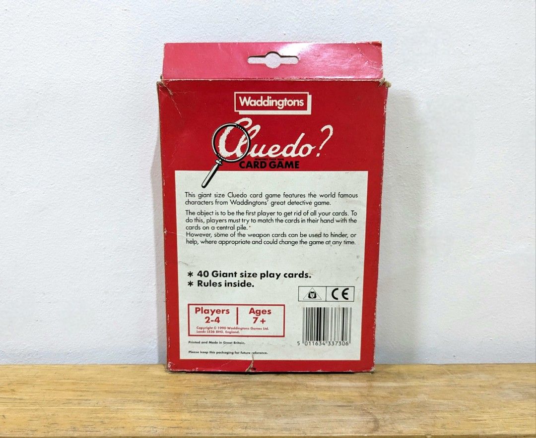 Waddingtons Cluedo Card Game (Category: Board Games & Puzzles) located in Manila. Submitted by little_ek_house (Listing ID 1292448586, Image 3). Description: Waddingtons Cluedo Card Game UK imported Surplus This Cluedo card game features the world famous characters from the Waddingtons' great detective game. The object is to be the first player to get rid of all his cards. To do this the players must try to match the cards in their hand with the 