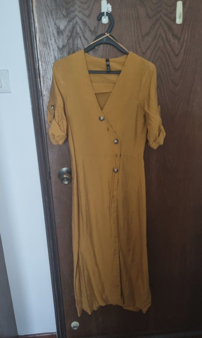 Zara Linen Mustard Yellow Dress, Women's Fashion, Dresses Sets