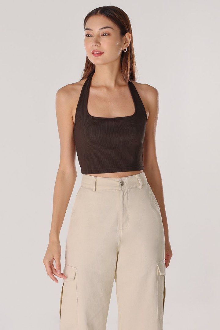 AIMEE HALTER PADDED RIBBED TOP (ALMOND)