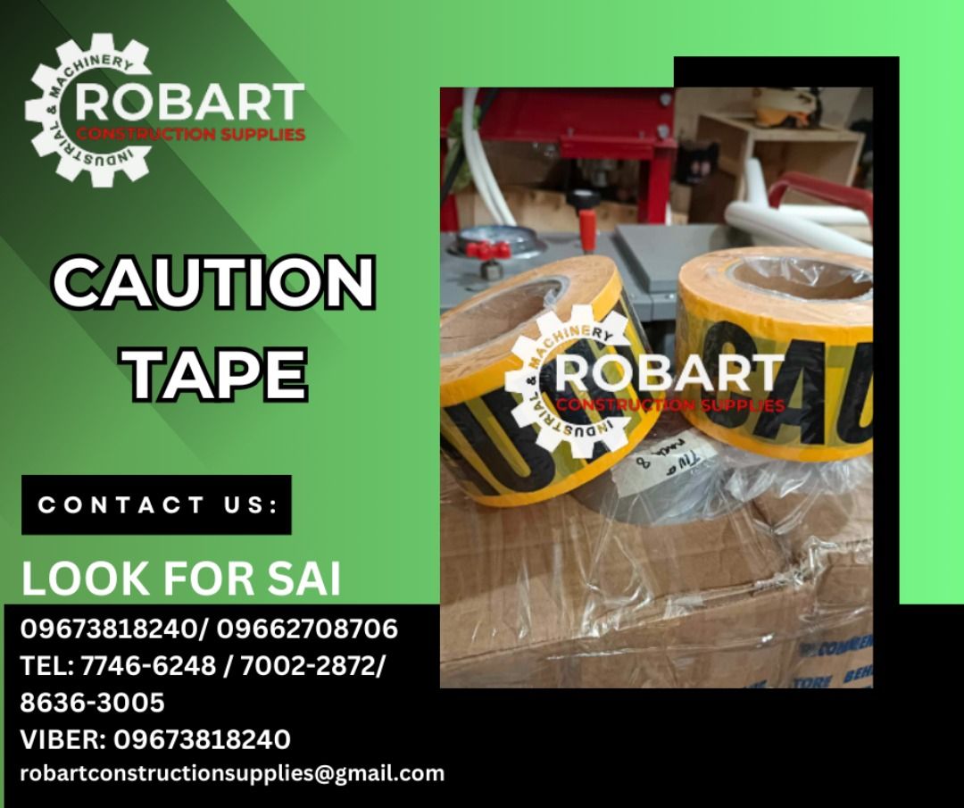 Caution Tape (Category: Construction Tools & Equipment) located in Manila. Submitted by sairobart375609 (Listing ID 1292677571, Image 1). Description: Caution Tape 3" x 300mtrs Color: Yellow ROBART CONSTRUCTION SUPPLIES For inquiries: For FAST TRANSACTION: Sai Robart - 09673818240 / 09662708706 Vbr: Robart Sai - 09673818240 sairobart3@gmail. com Office Address: 1405 Yuseco St. Sta. Cruz Manila 7746-6248 , 7216-7605 ,7002-2872, 8-6363005 093514270